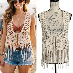Roommates Western Boho Crochet Fringe Macrame Tie Vest XL Ivory Festival Top